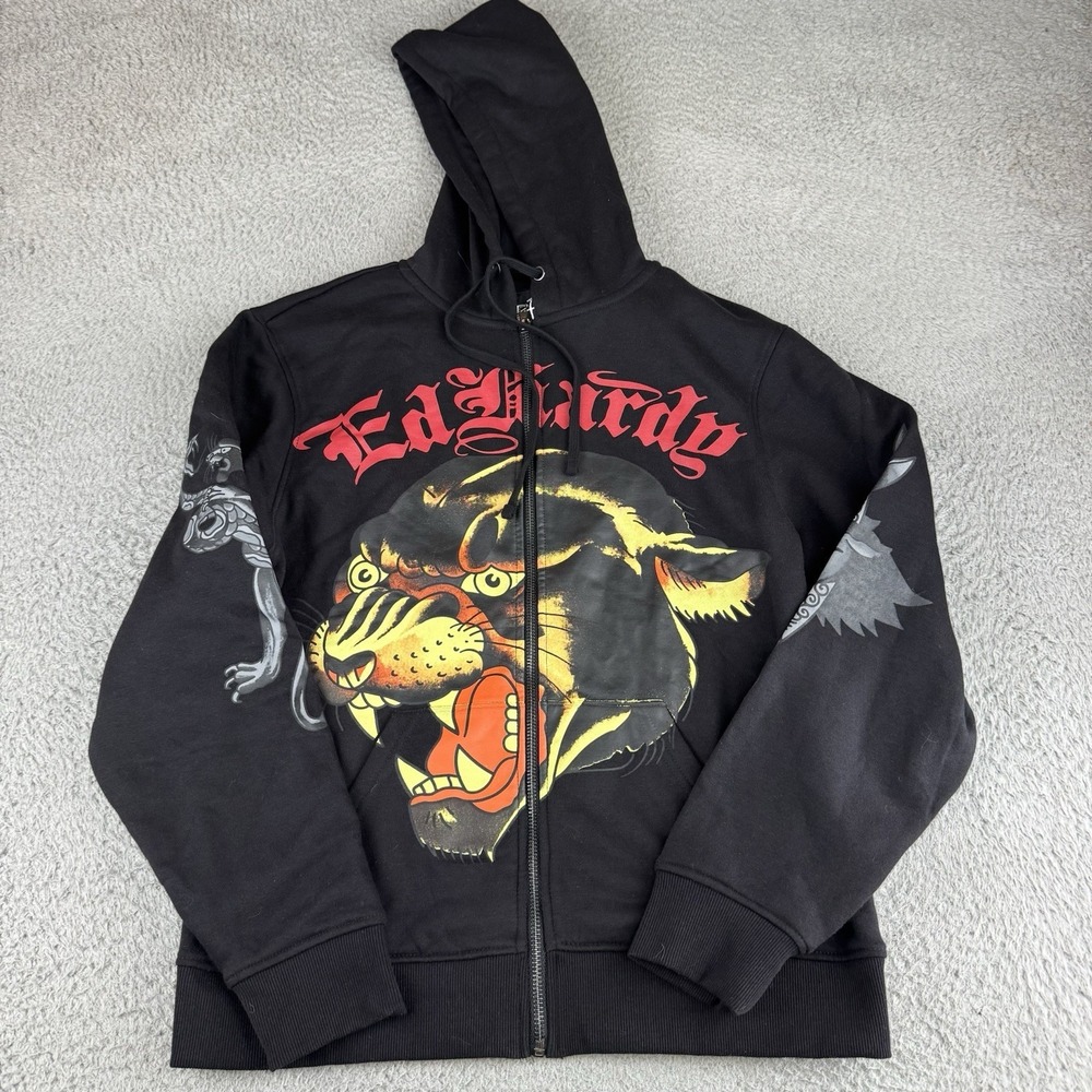 Ed Hardy Black Fleece Full Zip Hoodie Panther Logo Graphic Pockets Men's Small